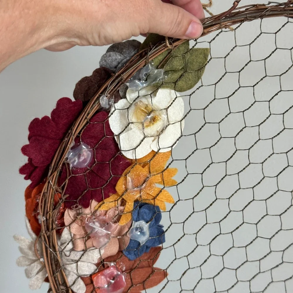 Rustic Grapevine Chicken Wire Wreath with Colorful Felt Flowers 14